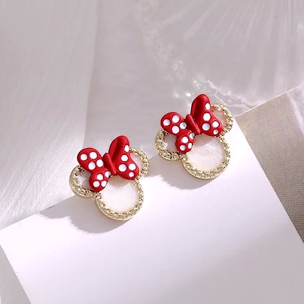Minnie Mouse Disney World Gold Diamond Polka Dot Red Cute Mini Stud Earrings - Picture 1 of 6
